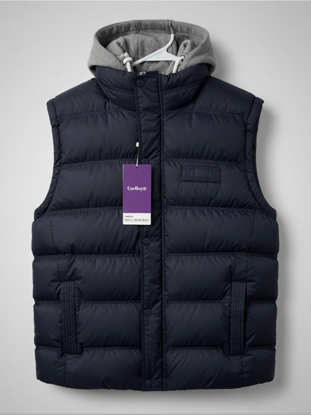 CorBuyit Men’s XL Blue/Gray Puffer Vest (W/Hood) Windproof Stand-Up Collar (NWT)